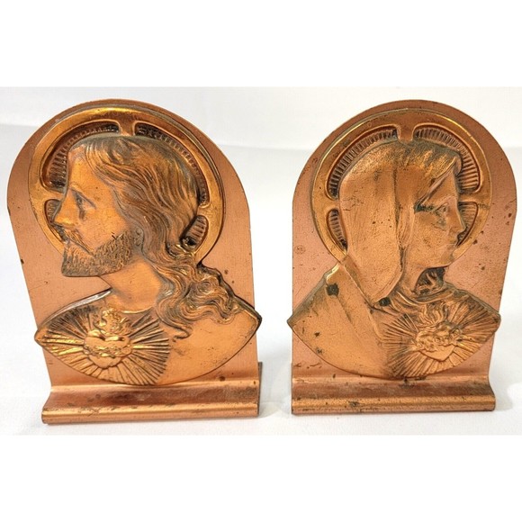 Other - Vintage 3D Detailed Mary & Jesus Christ Sacred Heart Copper Book Ends